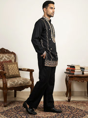 Men's Cotton Blend Embroidered Kurta with Korean Pants ( 65KP PJ11B 5585Black ) [FF] [G-4]