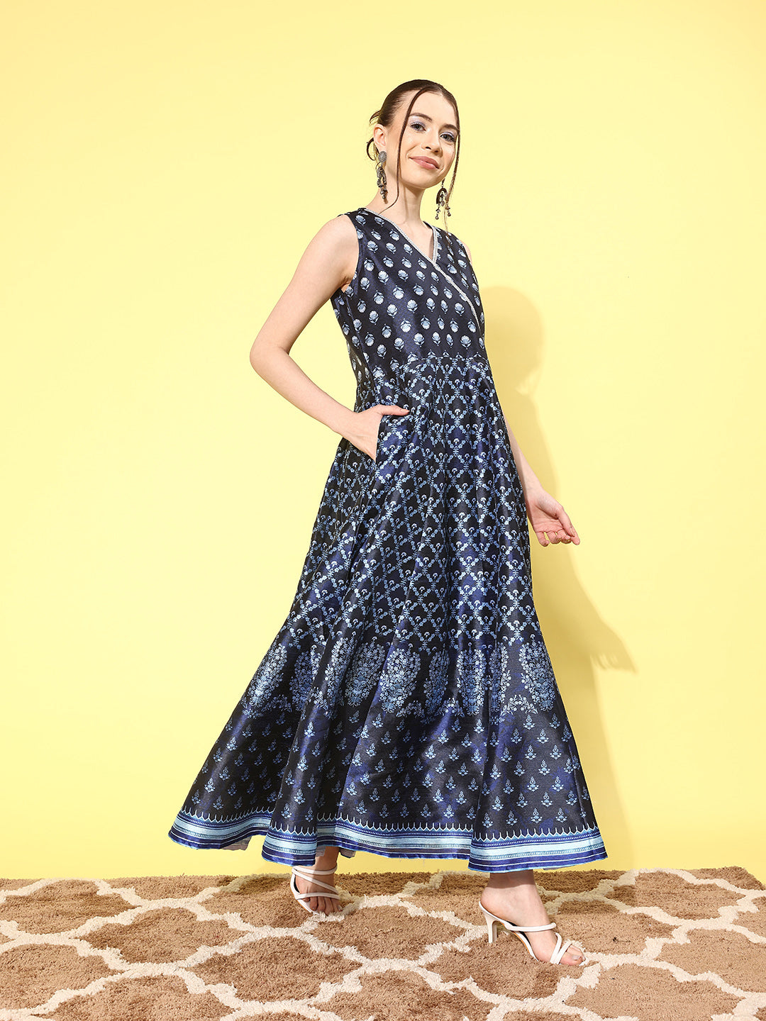 Navy Blue Floral Printed Maxi Dress | Indian Cotton Dresses