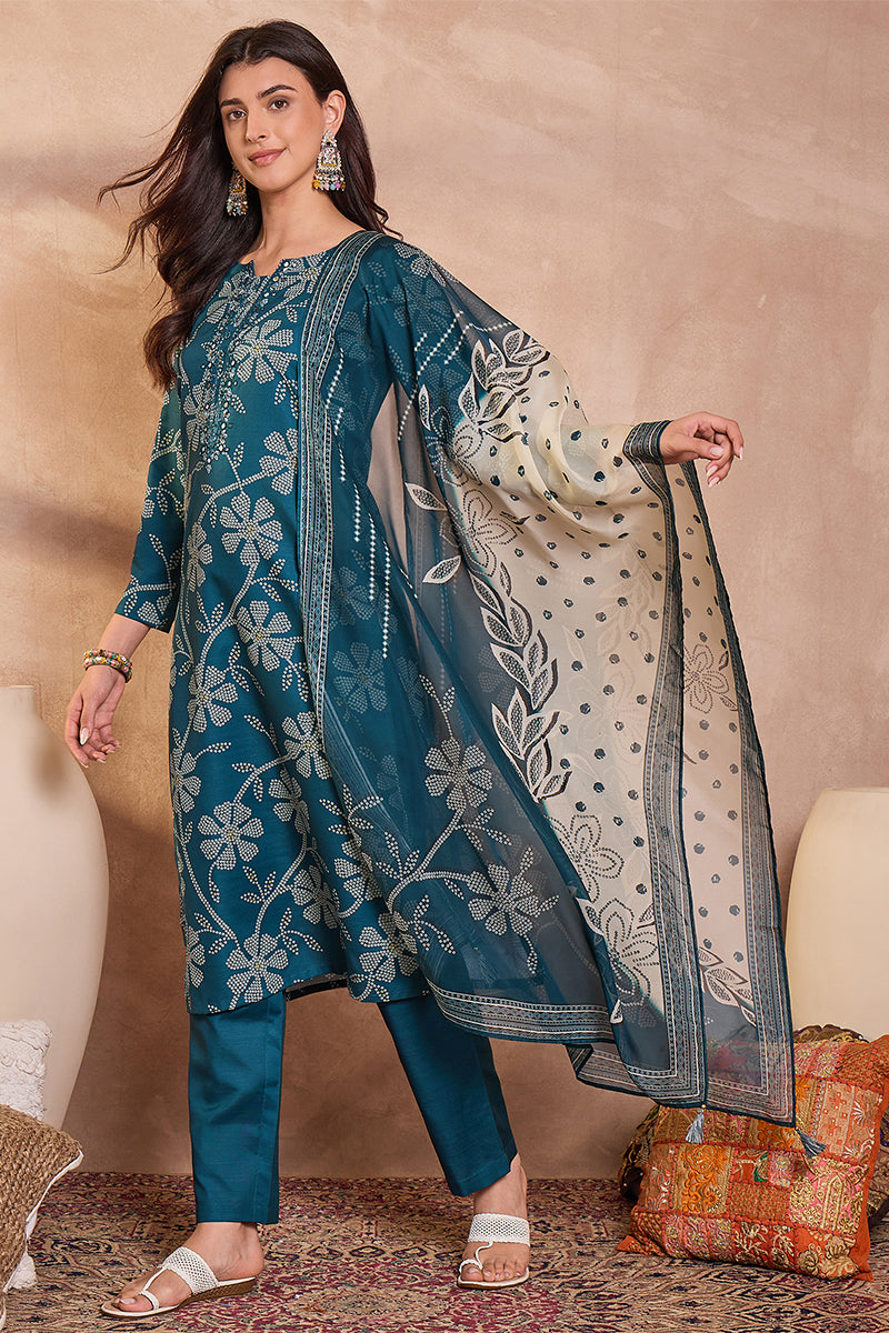 Blue Cotton Blend Floral Printed Straight Kurta Set VKSKD2425 | DesiQl