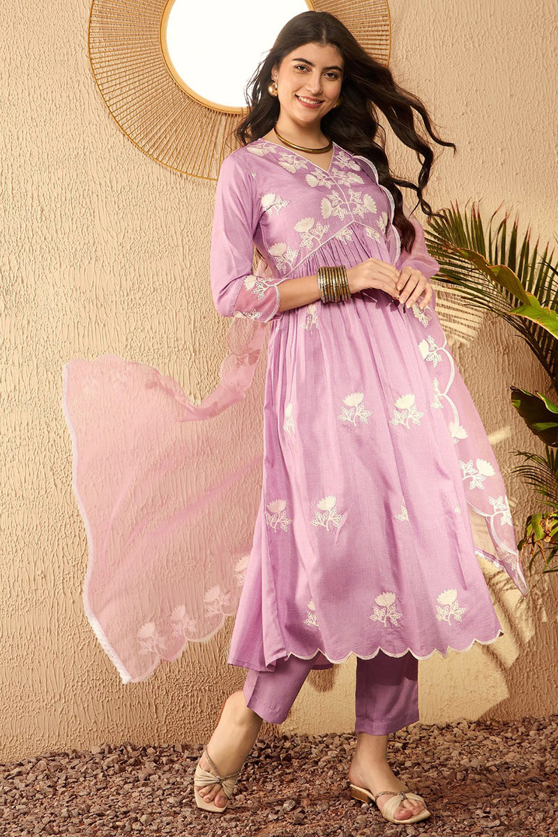 Lavender Silk Blend Embroidered Kurta Trouser With Dupatta HOPPKSKD259