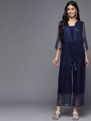 Navy Blue Polka Dots Printed Jumpsuit With Waist Tie-Ups-AHJSNTFP-52