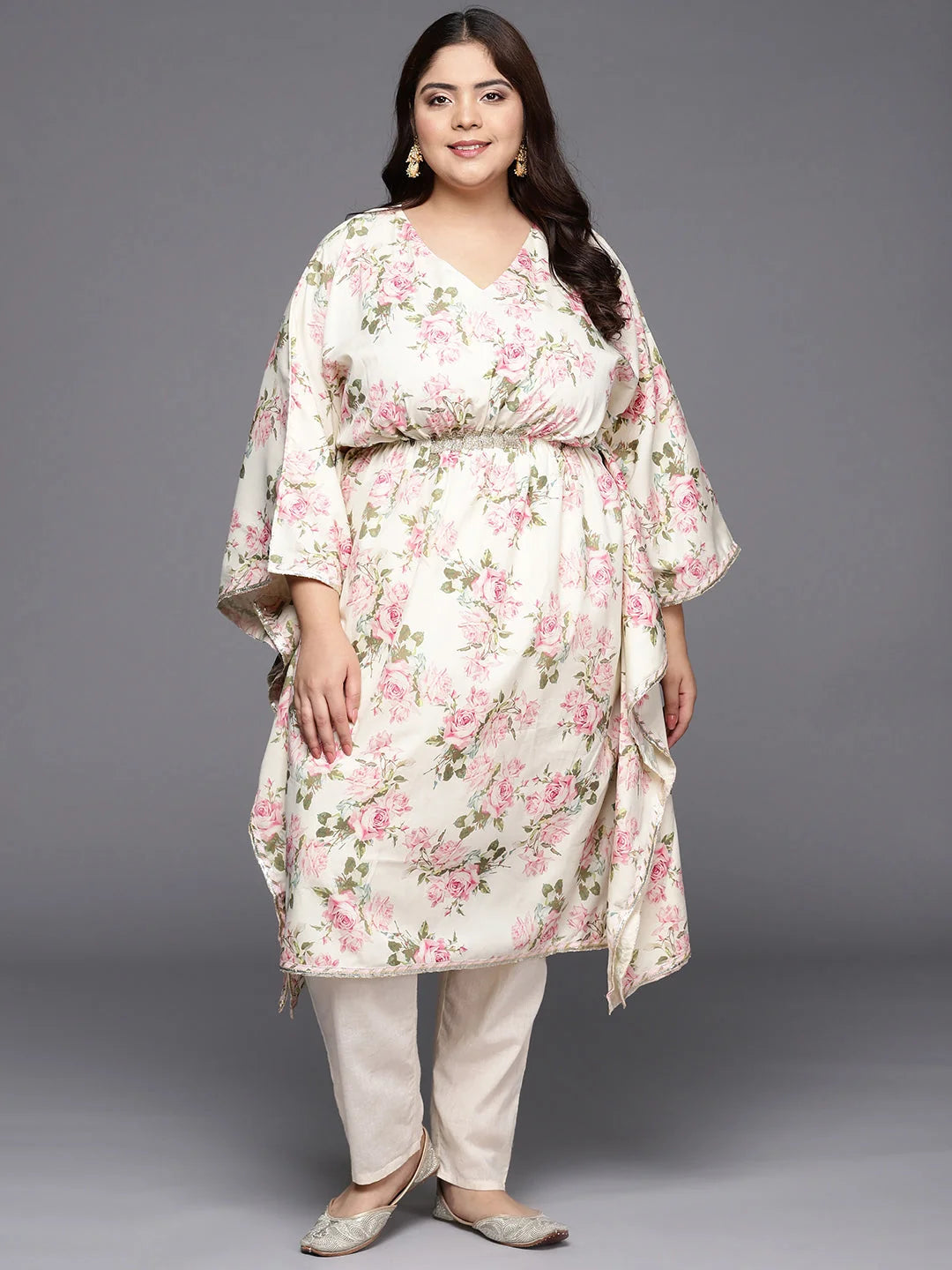Off White Plus Size Floral Printed Kaftan Kurta-AP-AHKFCRDP-6062
