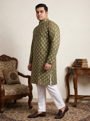 Floral Printed Kurta with Pyjama for Men ( JOKP 650Olive  )