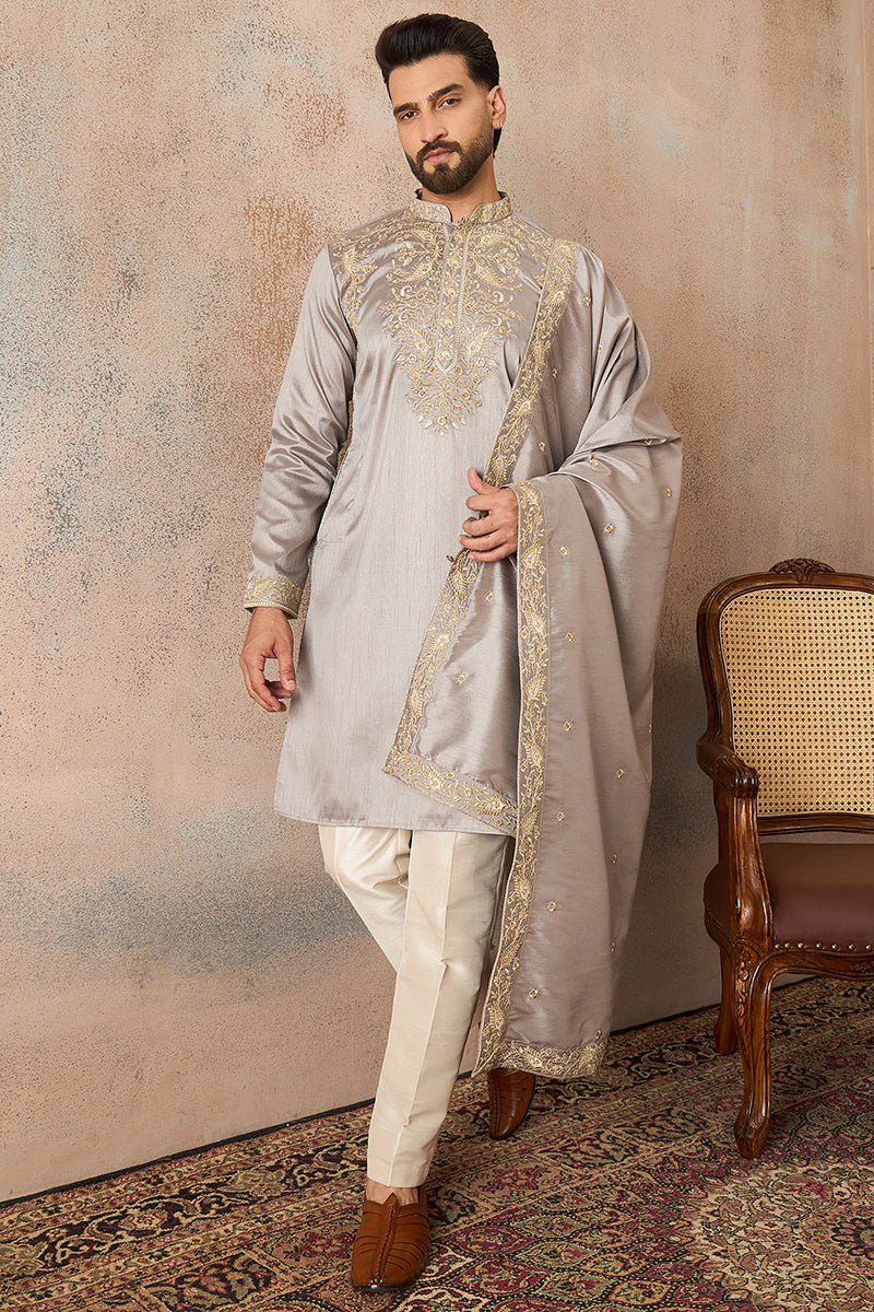 Grey Silk Blend Embroidered Ethnic Kurta with Trousers & Dupatta MKPD1044