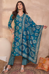 Blue Cotton Blend Abstract Printed Straight Kurta Trouser With Dupatta VKSKD3212