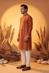 Orange Silk Blend Solid Emboidered Straight Kurta MKU2371