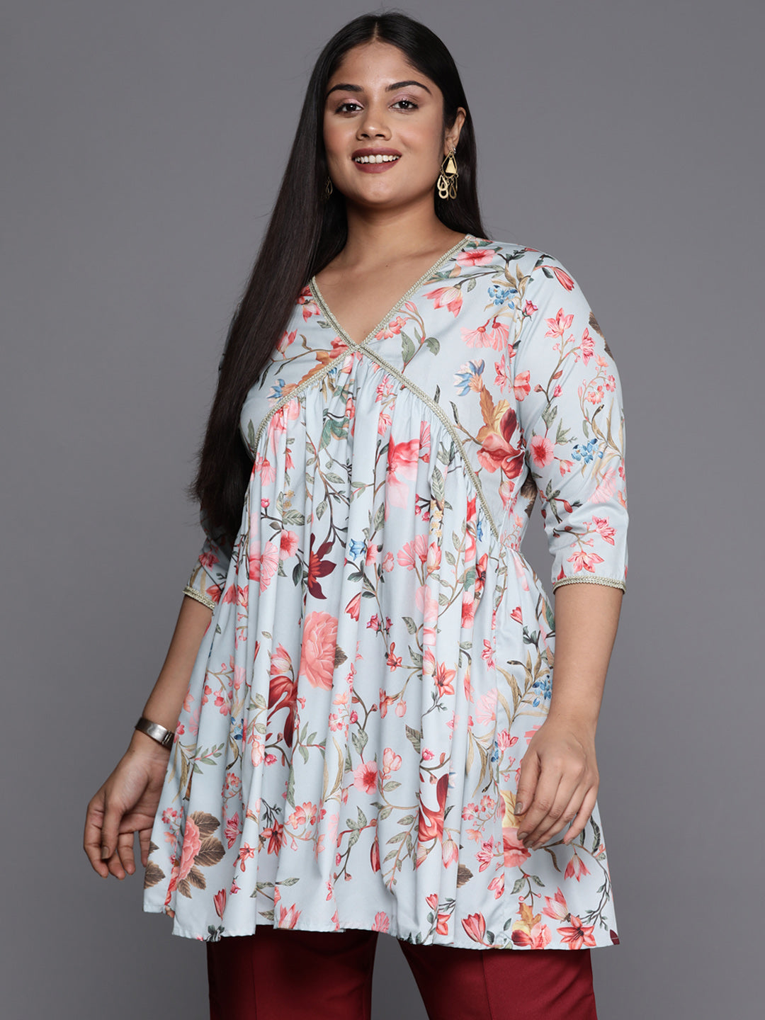Sea Green Plus Size Tunic Top - Floral Printed Indian Kurtis