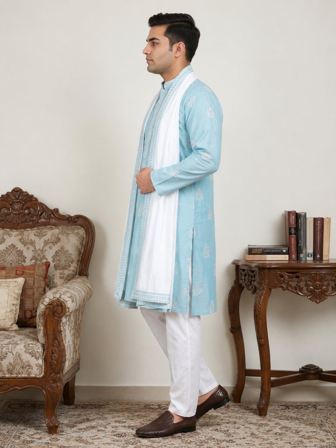 DesiQlo Men Embroidered Kurta Pyjama Set - Blue - JOKP_D_5091Sky_3XL