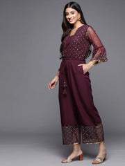 Burgundy Polka Dots Printed Jumpsuit With Waist Tie-Ups-AHJSNTFP-51