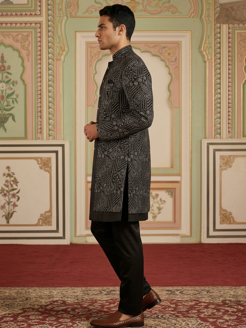 DesiQlo Men Embroidered Indo Western Set - Black - 50JIND_124Black_S