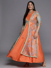 Orange, Gold & Green Printed Plus Size Maxi Ethnic Dress-AP-AHKUCRFP-871