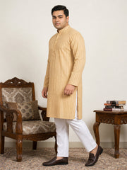 Men's Cotton Striped Kurta Pyjama Set ( JOKP P 5207Beige  )