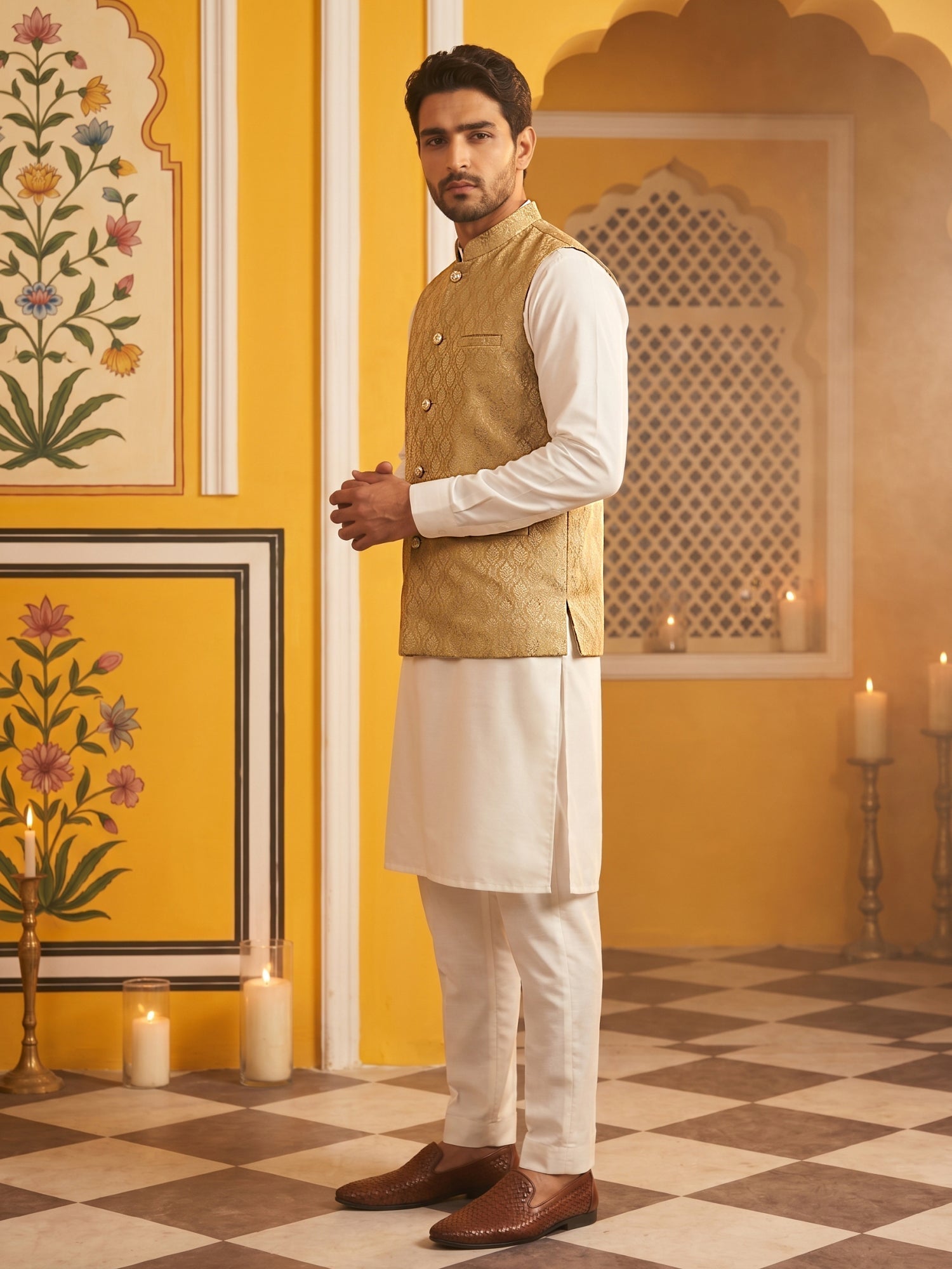 DesiQlo Men Woven Design Nehru Jacket and Kurta Pyjama  - JOKPWC_636W_
