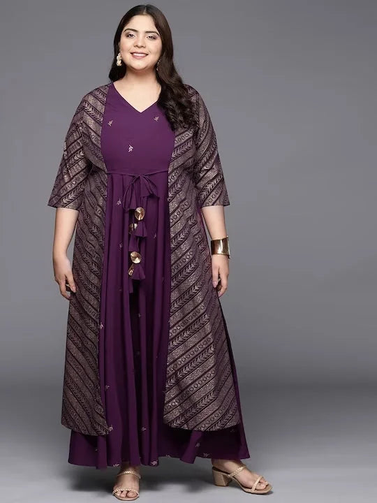 Burgandy & Gold Geometric Maxi Dress - Indian Dresses Online