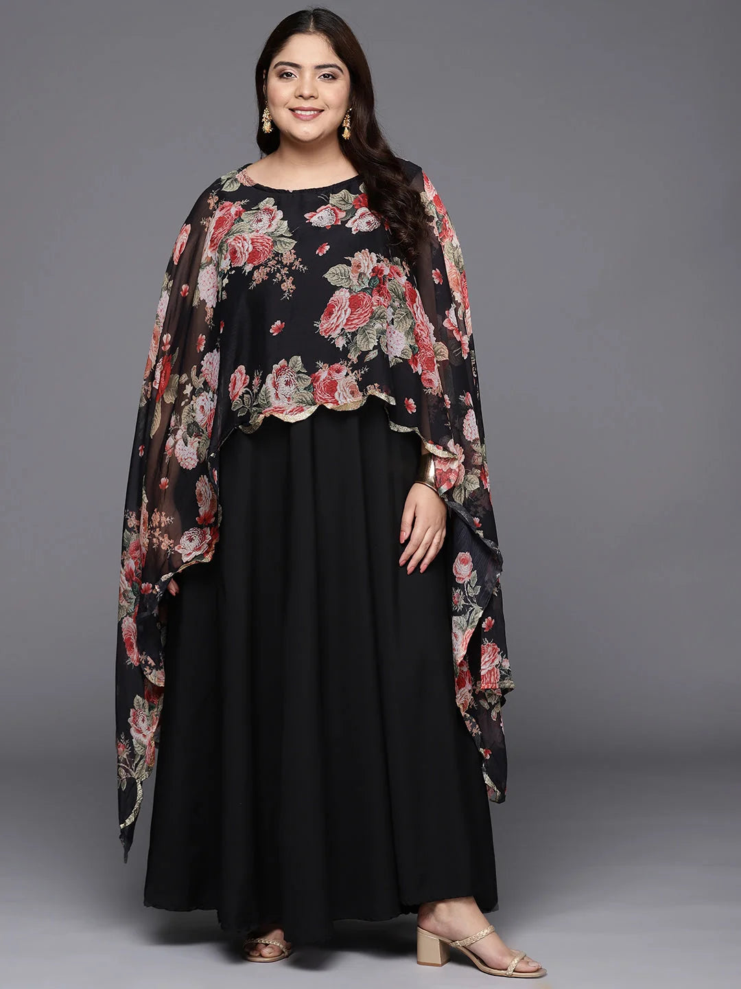 Black & Pink Maxi Dress with Cape | Indian Dresses Online Black & Pink Maxi Dress with Cape | Indian Dresses Online