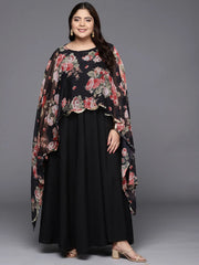 Black & Pink Plus Size Maxi Ethnic Dress with Cape-AP-AHDRCFDPGL-928-FF