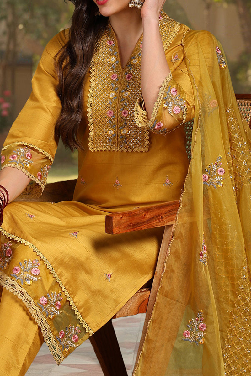 DesiQlo Women Silk Blend Indian Ethnic Set - Mustard Yellow