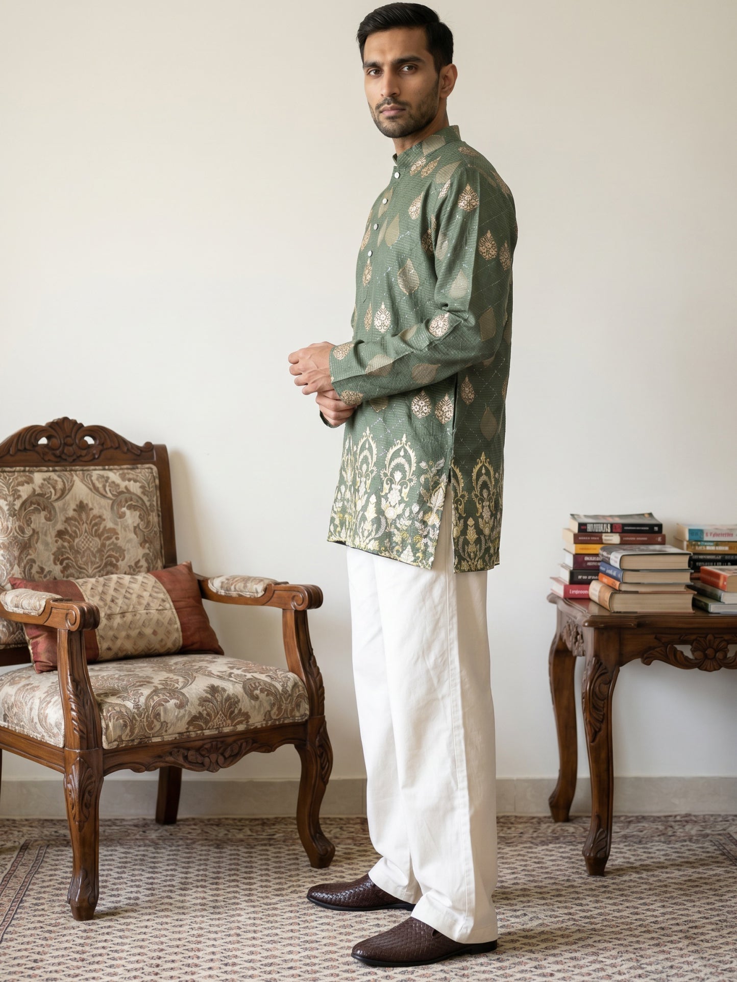 DesiQlo Men Printed Kurta Pyjama Set - Green - 65KP_PJ11W_5590Olive_S