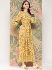 Yellow Floral Printed Tie-Ups Empire Ethnic Dress-AHEDCRDP-157-ICH