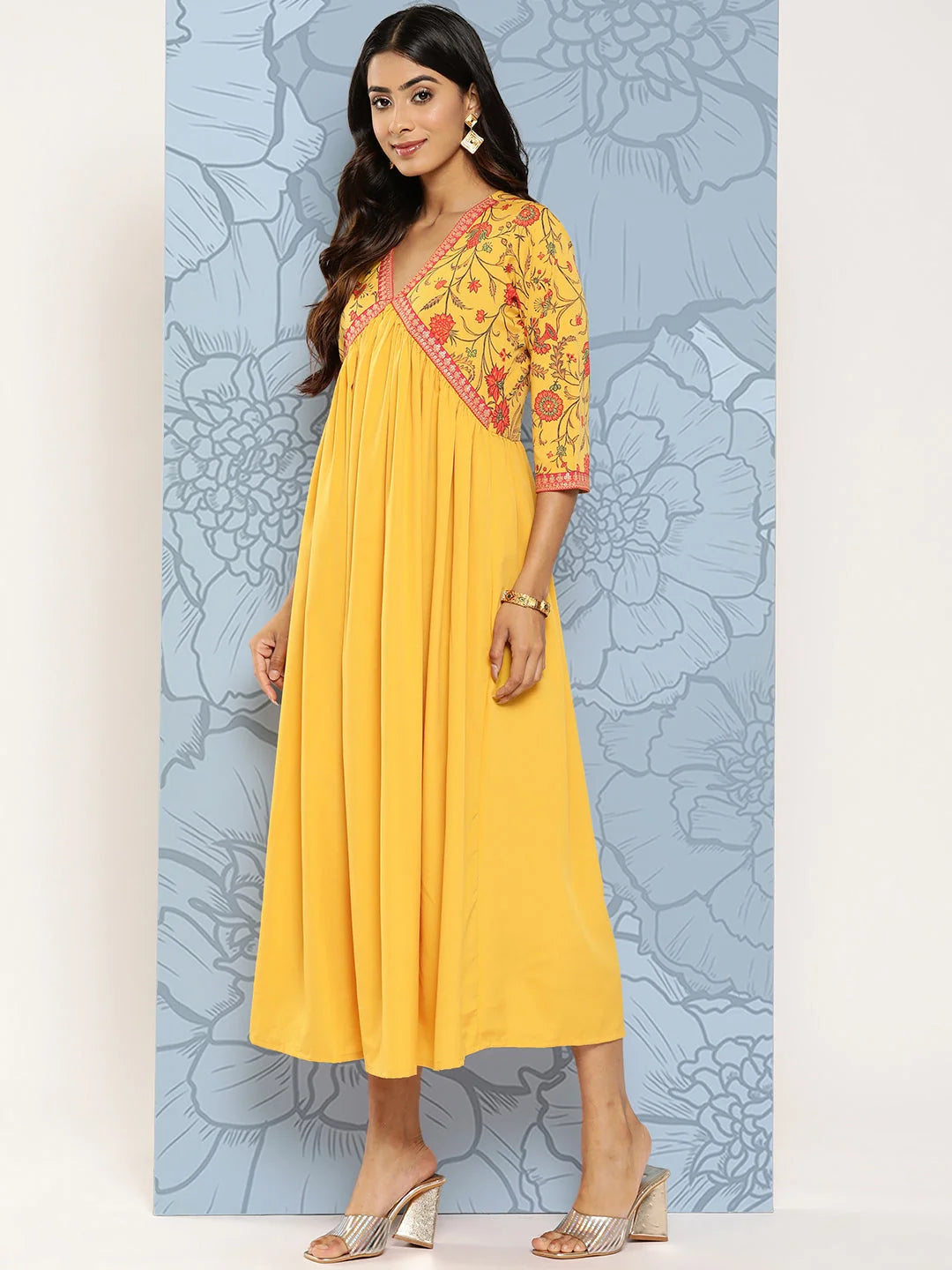 Yellow Floral Midi Dress - Modern Indian Dresses Online