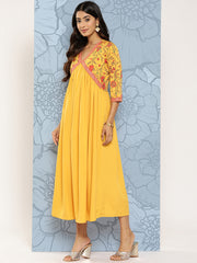 Yellow Floral Print Empire Midi Ethnic Dress-AHEDCRDP-203-ICH