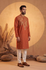 Orange Silk Blend Solid Emboidered Straight Kurta With Trouser MKSET2372
