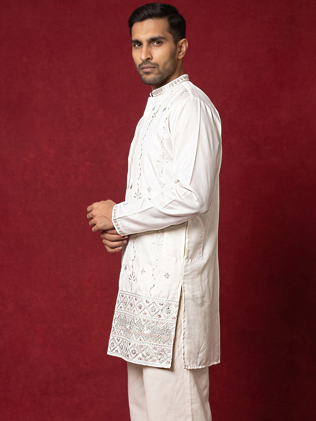 DesiQlo Men Embroidered Kurta Only - White - 65KO_5595White_S