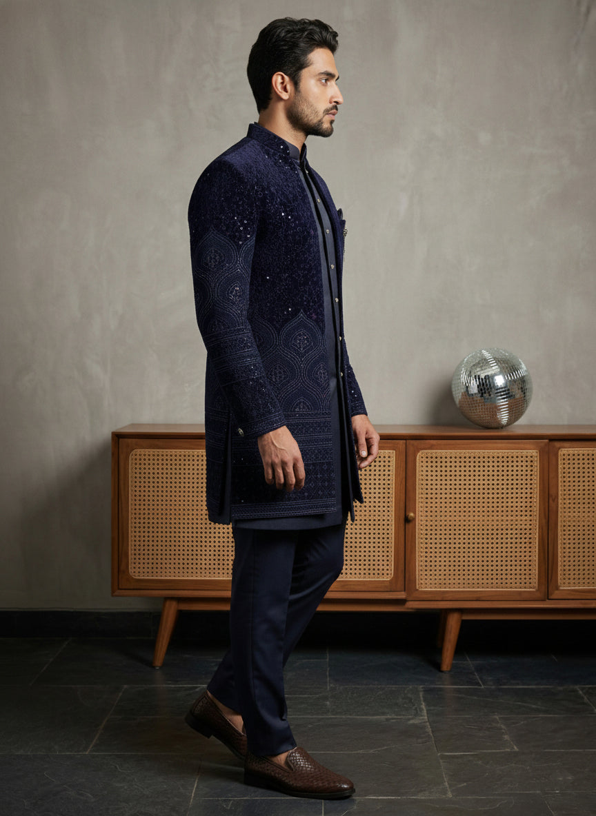DesiQlo Men Embroidered Indo Western Set - Blue - 50JIND_130Navy_S