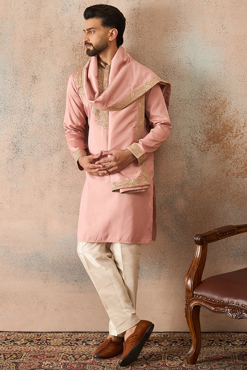 Pink Zari Embroidered Silk Blend Kurta with Trousers & Dupatta MKPD1045