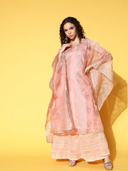 Pink & Gold Printed Gotta Patti Organza Kaftan Kurta-AHKFORGL-6063