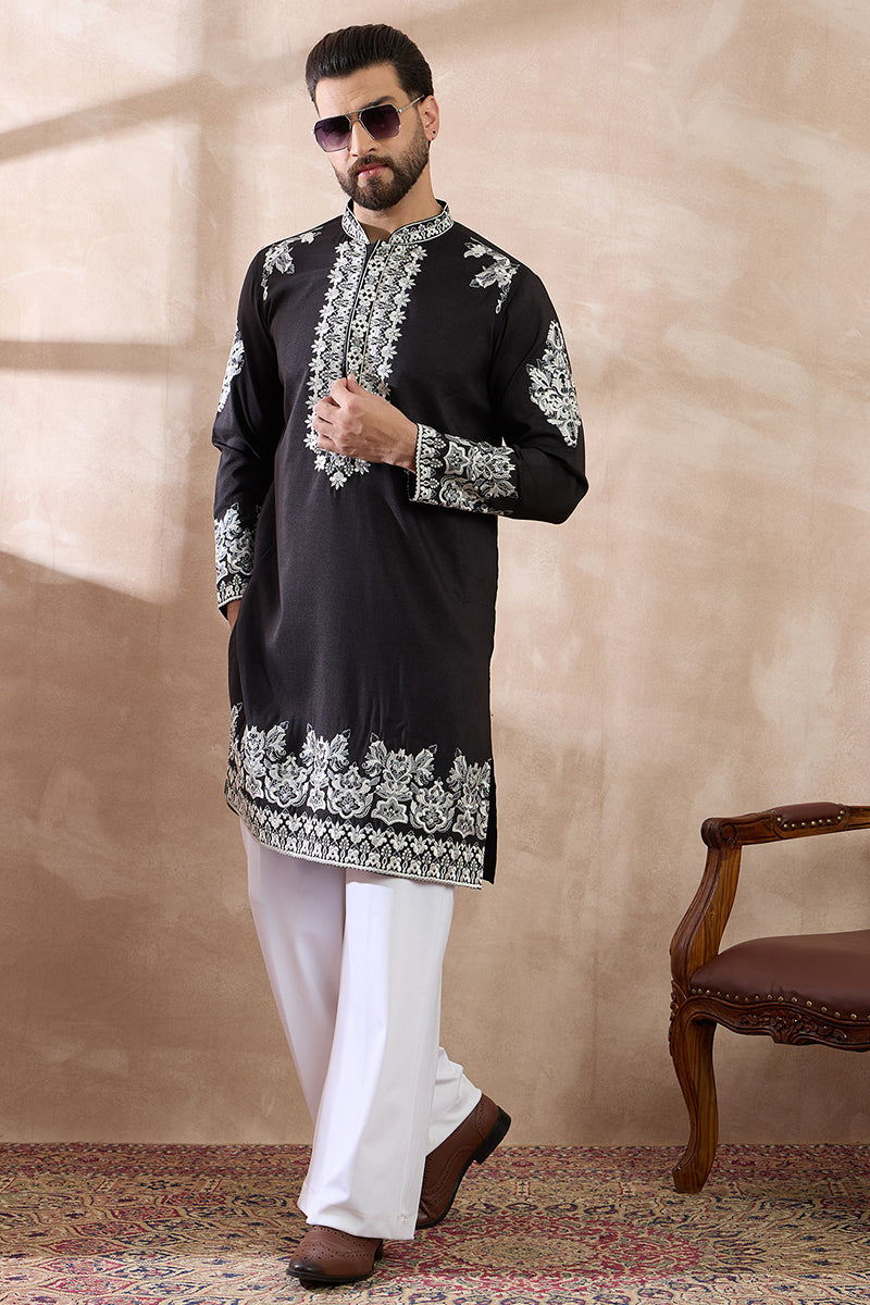 Black Silk Blend Embroidered Mandarin Collar Straight Kurta With Trous
