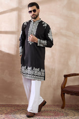 Black Silk Blend Embroidered Mandarin Collar Straight Kurta With Trouser MKSET2019