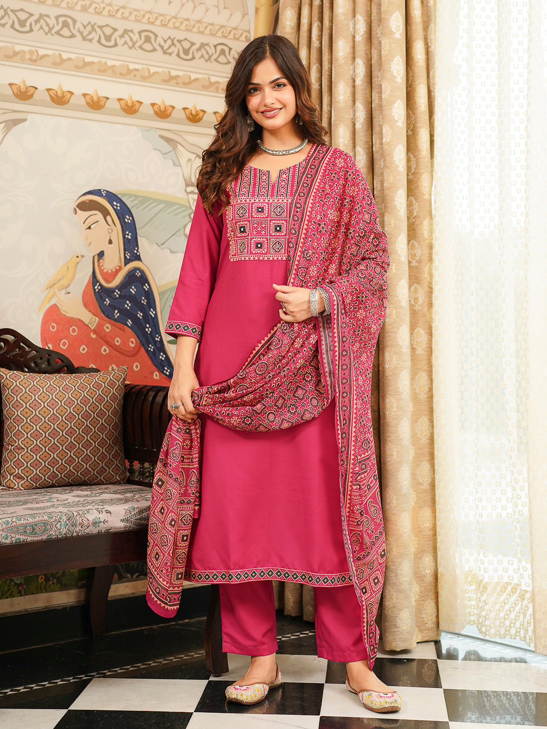 Pink Rayon Blend Ajrakh Printed Straight Kurta Trousers With Dupatta PKSKD3069