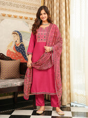 Pink Cotton Blend Ajrakh Printed Straight Kurta Trousers With Dupatta PKSKD3069