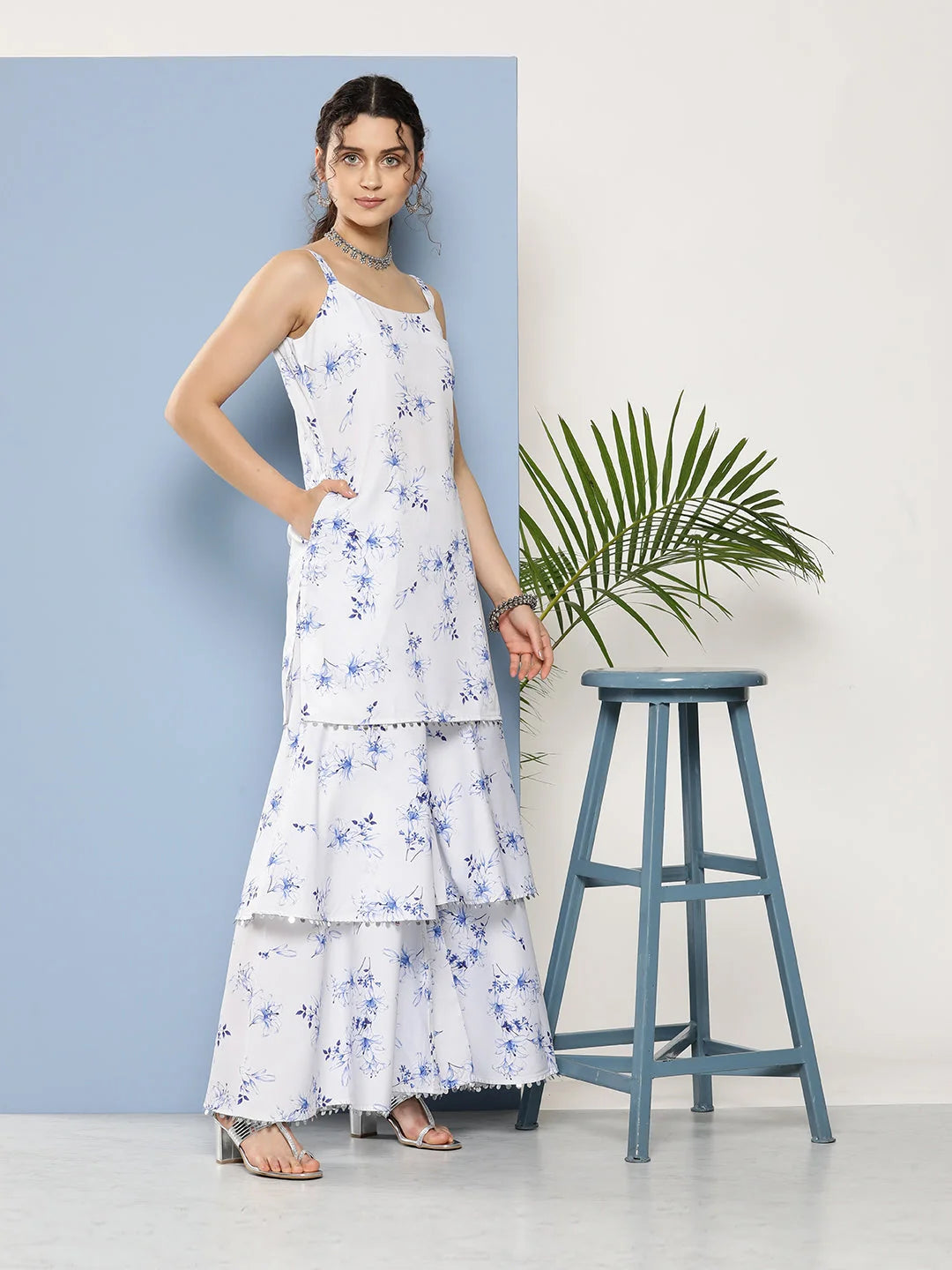 White Floral Sharara Set: Sequined Designer Sharara Suits