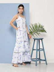 Women's White Floral Printed Sequined Sharara Set With Dupatta-AHTUDUSH-COMBO-618-ICH