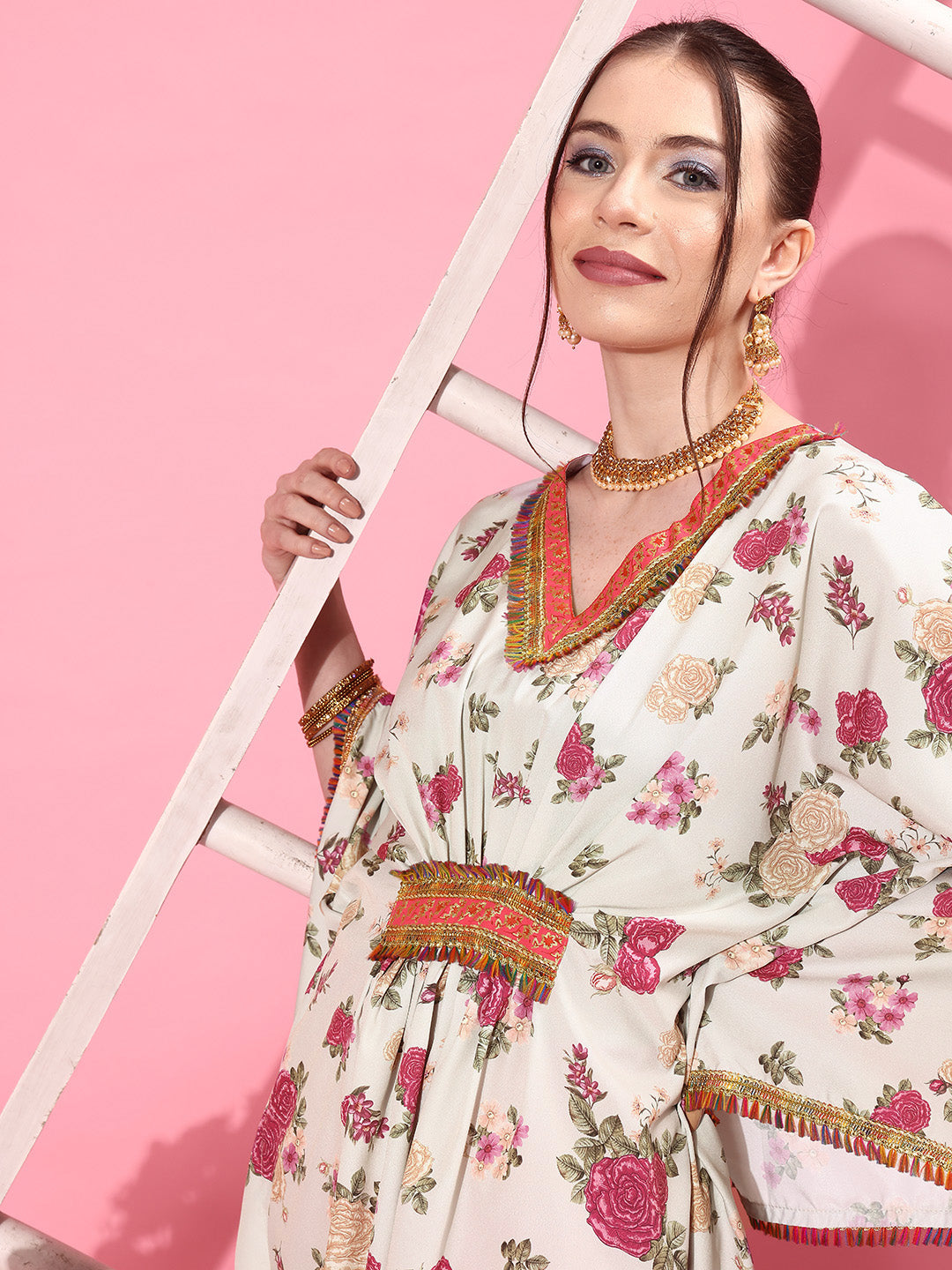 Beige Floral Printed Kaftan Kurta: Women's Kaftan Dresses Online