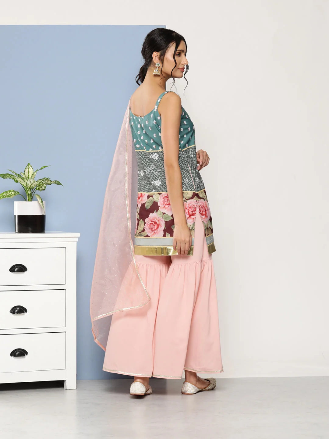 Green & Pink Sharara Set: Floral Designer Sharara Suits