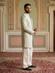 Men's Silk Blend Embroidered Indo-Western Set ( 50JIND 235Beige )