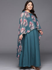 Green Printed Plus Size Maxi Ethnic Dress with Cape-AP-AHKUCRCFDP-786