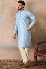 Blue Silk Blend Floral Straight Kurta With Dupatta MKSET2217