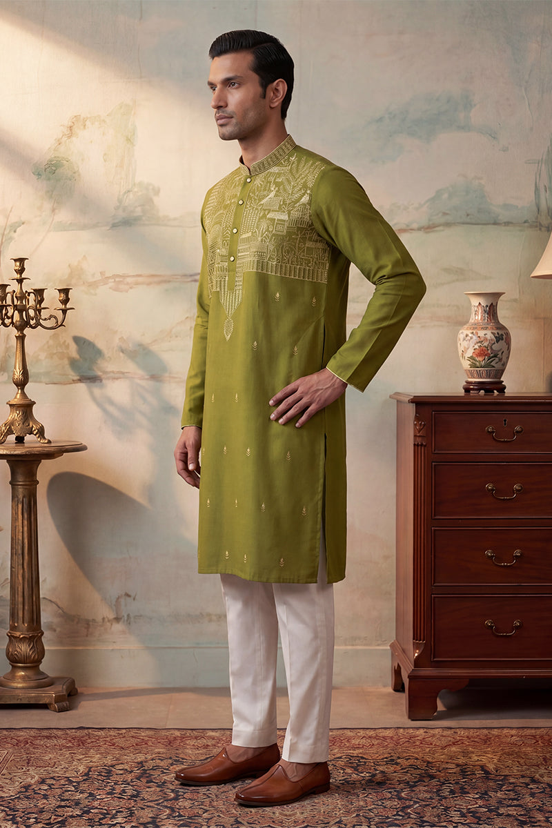 Green Silk Blend Solid Emboidered Straight Kurta With Trouser MKSET2373