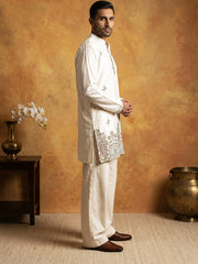 Silk Blend Embroidered Kurta & Korean Pants Set ( 65KP PJ11W 5599Cream ) [FF] [G-4]
