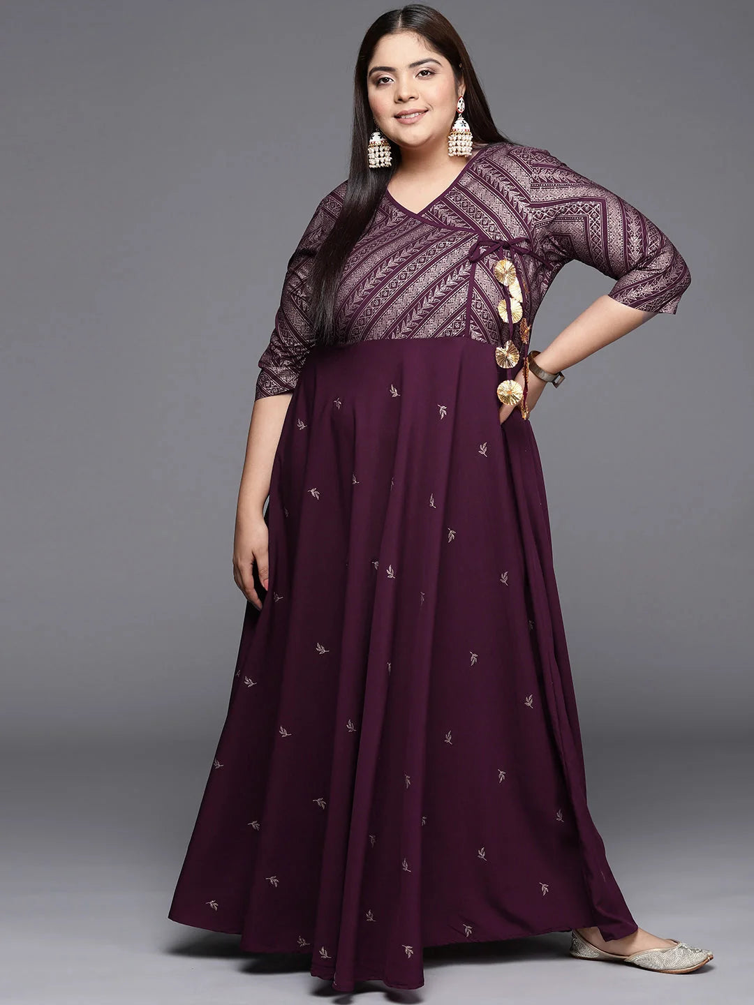 Plus Size Burgandy & Gold Geometric Indian Dress Online