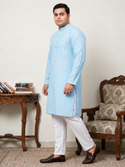 Men's Cotton Striped Kurta Pyjama Set ( JOKP P 5207Sky  )
