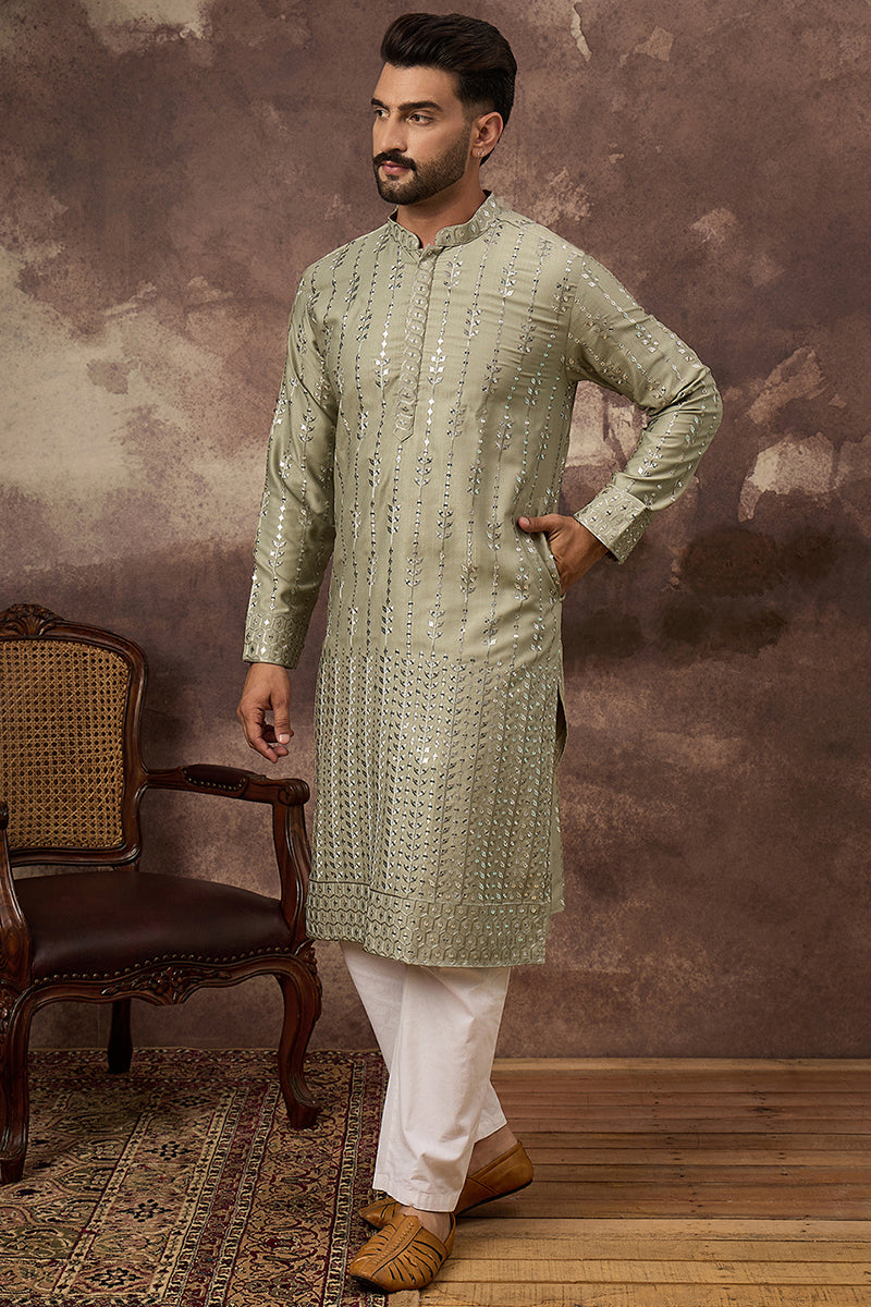 Green Silk Blend Solid Embroidered Straight Kurta MKU1356