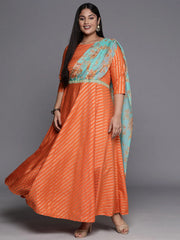 Orange Gold & Green Plus Size Maxi Ethnic Dress-AP-AHKUCRFP-872