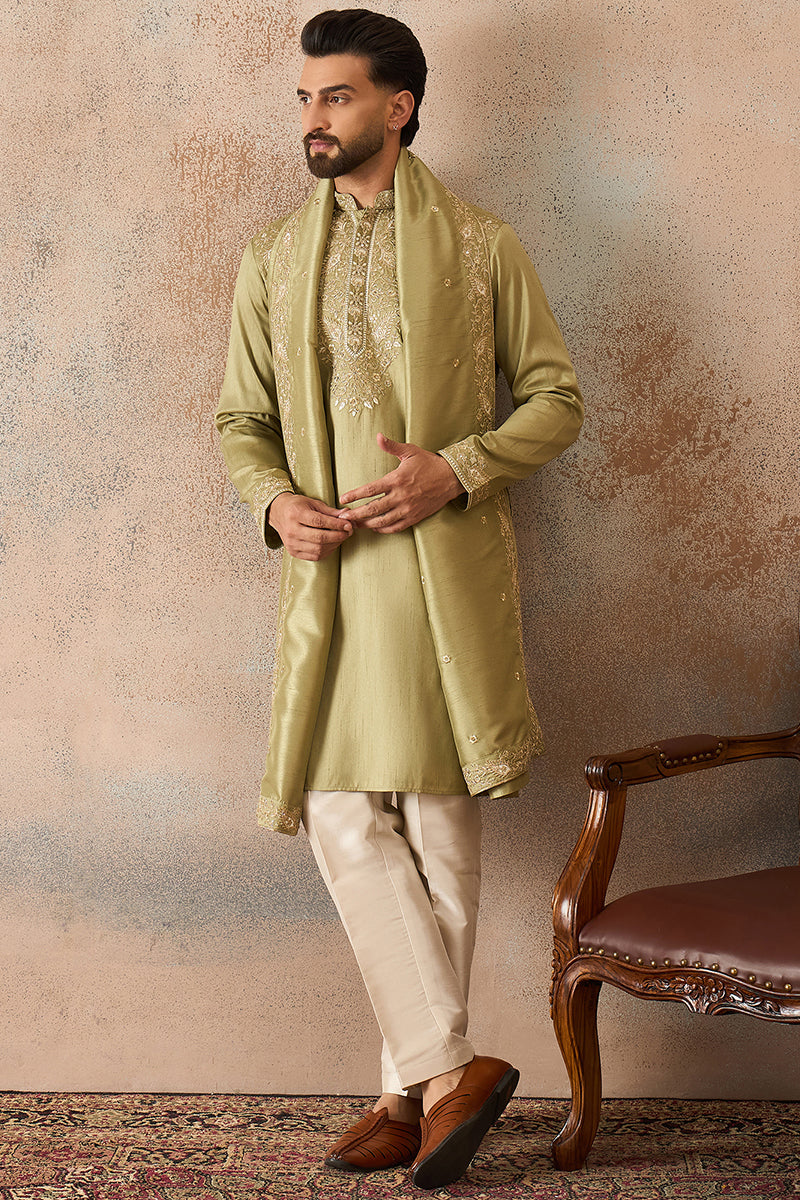 Green Zari Embroidered Silk Blend Kurta with Trousers & Dupatta MKPD1046