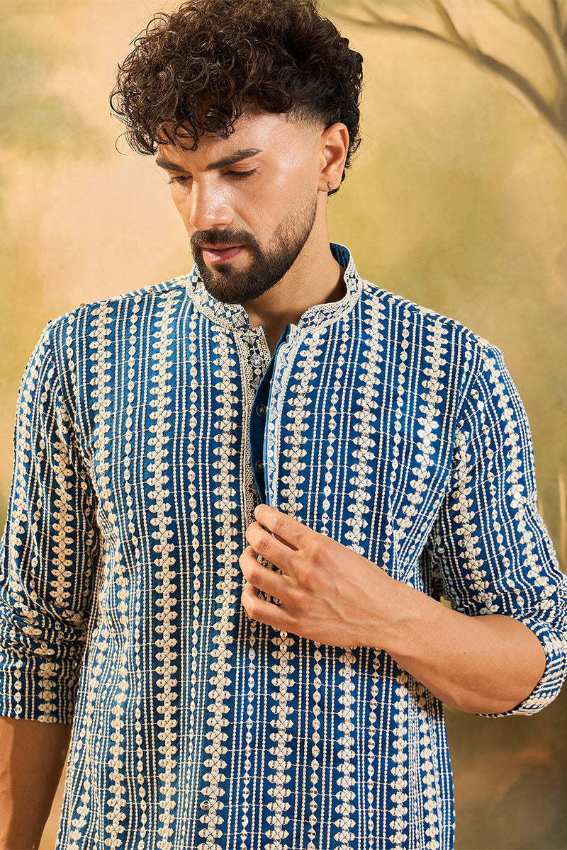Blue Viscose Rayon Shibori Embroidered Straight Kurta MKU1412