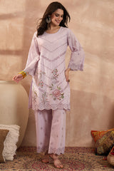 Lavender Pure Cotton Embroidered Scalloped Coord Sets VCORD1162
